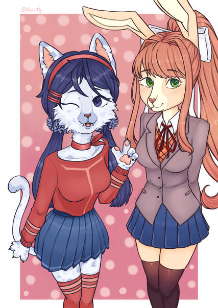 Halfbody Mita and Monika fanart (simple background)